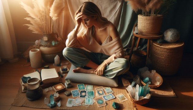 Woman sitting in meditation looking frustrated despite having crystals and spiritual tools, representing empaths feeling stuck in their spiritual practice
