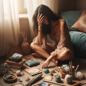 Exhausted empath surrounded by spiritual practices that have failed to bring peace, showing why light work alone doesn't work