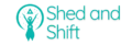 Shed and Shift logo - women with raised hands, triangle above head surrounded by half circle with magical dots