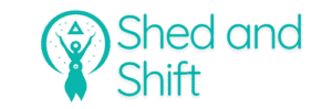 Shed and Shift logo - women with raised hands, triangle above head surrounded by half circle with magical dots