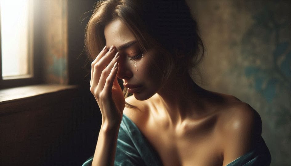 Woman ashamed of crying and wiping tears quickly, wondering if crying is a sign of healing or weakness
