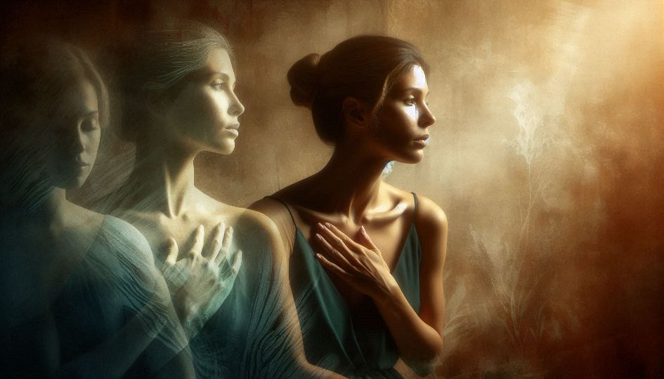 Woman contemplating her empathic nature with past memories influencing present emotional experiences during healing journey