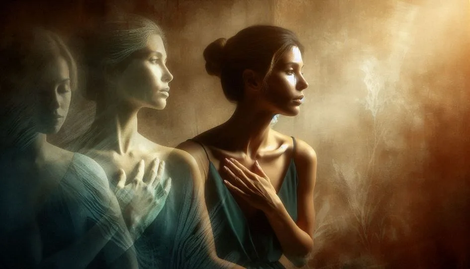 Woman contemplating her empathic nature with past memories influencing present emotional experiences during healing journey