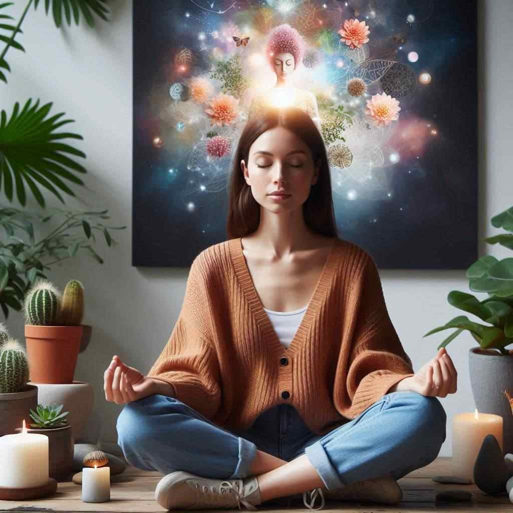 Woman sitting cross-legged at home, meditating with hands in mudra on knees, surrounded by candles, stones, and plants, with a large universe-themed picture behind her, symbolizing abundance manifestation.