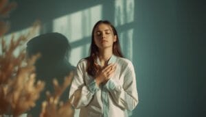 Signs of emotional blockage in an empath — a woman reaching inward but feeling nothing, intuition gone silent.