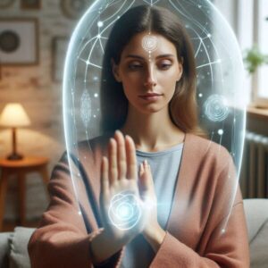 Woman demonstrating energy shielding practice for empathic protection