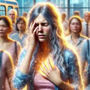 Overwhelmed empath in crowded space showing physical signs of energy drain