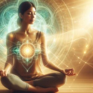 Intuitive healer woman meditating with golden energy aura demonstrating what is an intuitive healer