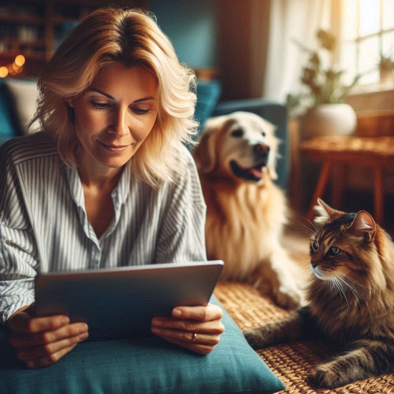 Woman using pet survival mode assessment tool with calm dog and cat showing pet behavioral transformation