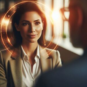 Split scene showing drained empath versus centered empath in same office, demonstrating energy absorption management