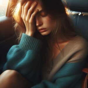 Woman showing empath exhaustion symptoms sitting in car after social event, representing social overwhelm empaths experience