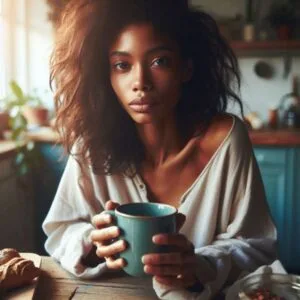 Exhausted woman with coffee showing empath fatigue and highly sensitive person health struggles