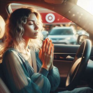 Woman in car trying white light visualization before entering store but still feeling anxious and unprotected as empath
