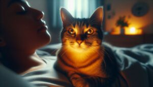 Cat sensing owner's emotional energy at night, understanding pet communication beyond physical needs