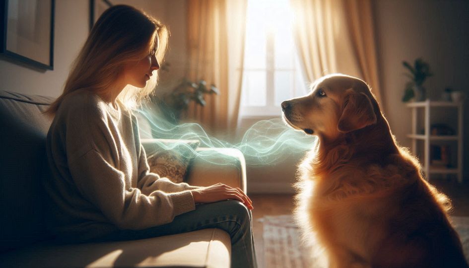 Dog communicating with owner through energy and presence, representing pet trying to tell owner something deeper