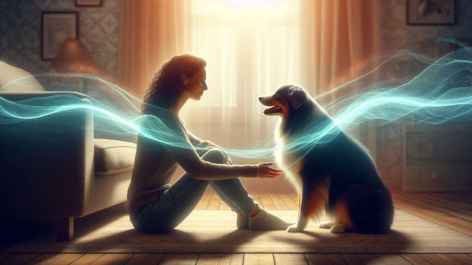 Pet and owner connecting through energy frequency and presence, clearing blocks to pet communication