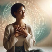 Woman experiencing peaceful empath healing with subtle sacred geometry energy patterns, showcasing specialized holistic healing techniques for sensitive individuals