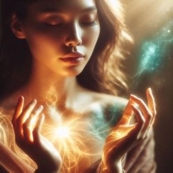 Woman in meditation receiving divine guidance as healing modalities integrate into unified system, surrounded by soft light and spiritual energy