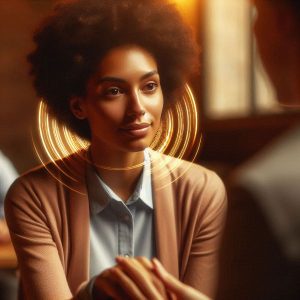 Confident empath woman helping colleague while maintaining healthy energetic boundaries, showing sensitivity as gift not burden