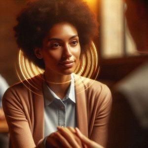 Confident empath woman helping colleague while maintaining healthy energetic boundaries, showing sensitivity as gift not burden