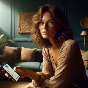 Woman swiping through dating profiles, representing the pattern of empathic women choosing unavailable men over stable partners