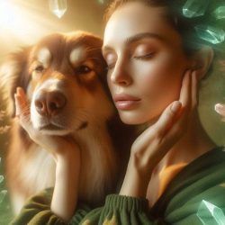 Woman practicing energy healing with calm dog showing nervous system reset and emotional release