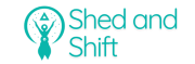Shed and Shift logo - women with raised hands, triangle above head surrounded by half circle with magical dots