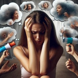 Overwhelmed highly sensitive woman with self-critical thoughts, illustrating the myth that overwhelm equals failure