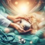 Peaceful dog receiving both veterinary care and energy healing, showing partnership between medical and intuitive approaches with soft healing light