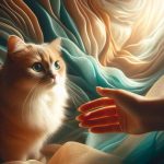 Anxious cat in hyperreactive survival mode with caring owner's hand reaching out in healing space