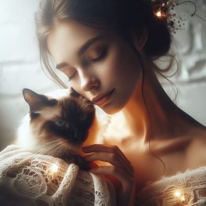 Woman gently holding Siamese cat in soft natural lighting, showing the caring bond between pet parent and cat with health issues
