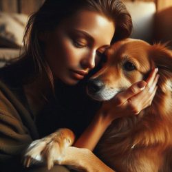 Young puppy with soulful knowing eyes showing effects of early separation from mother, surrounded by healing energy