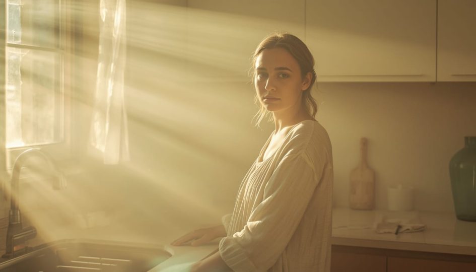 Empath with blocked energy standing in a quiet kitchen, feeling heaviness after absorbing someone else's emotions.