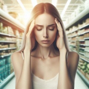 Empath woman with temple headache and pressure in grocery store experiencing sensitive body symptoms from crowd energy absorption
