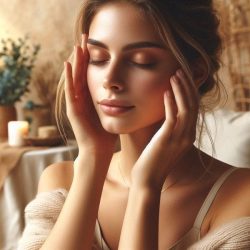 Empath woman healing headache with gentle temple touch surrounded by calming energy