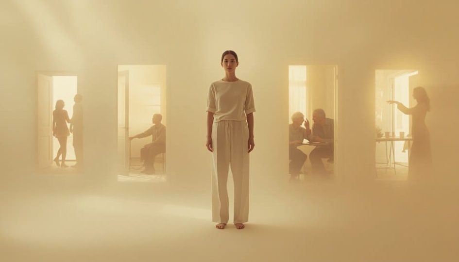 Woman standing calmly at the center of four different relationship scenes, softly lit