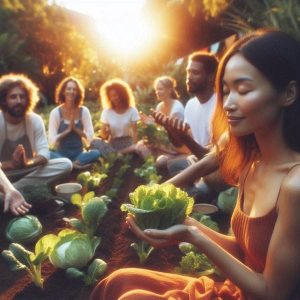 Woman discovering vibrant health in natural community setting with people growing organic vegetables, glowing with radiant wellness and joy in golden sunlight