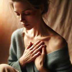 Woman with hand on heart experiencing inner child wound that attracts emotionally unavailable relationships