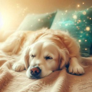 Golden Retriever receiving energy healing with soft teal and gold ethereal lighting, showing peaceful pet energy healing connection