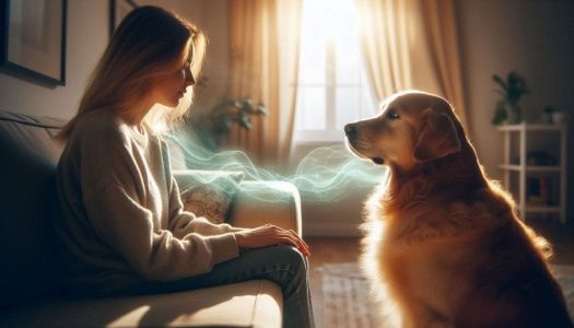 Dog communicating with owner through energy and presence, representing pet trying to tell owner something deeper