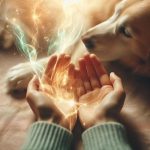 Pet energy communication visualization with soft green and gold healing energy, showing intuitive connection between pet and human