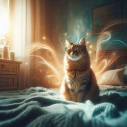 at sitting calmly in a peaceful room with gentle energy waves or light patterns around them, showing their role as spiritual guides and energy clearers